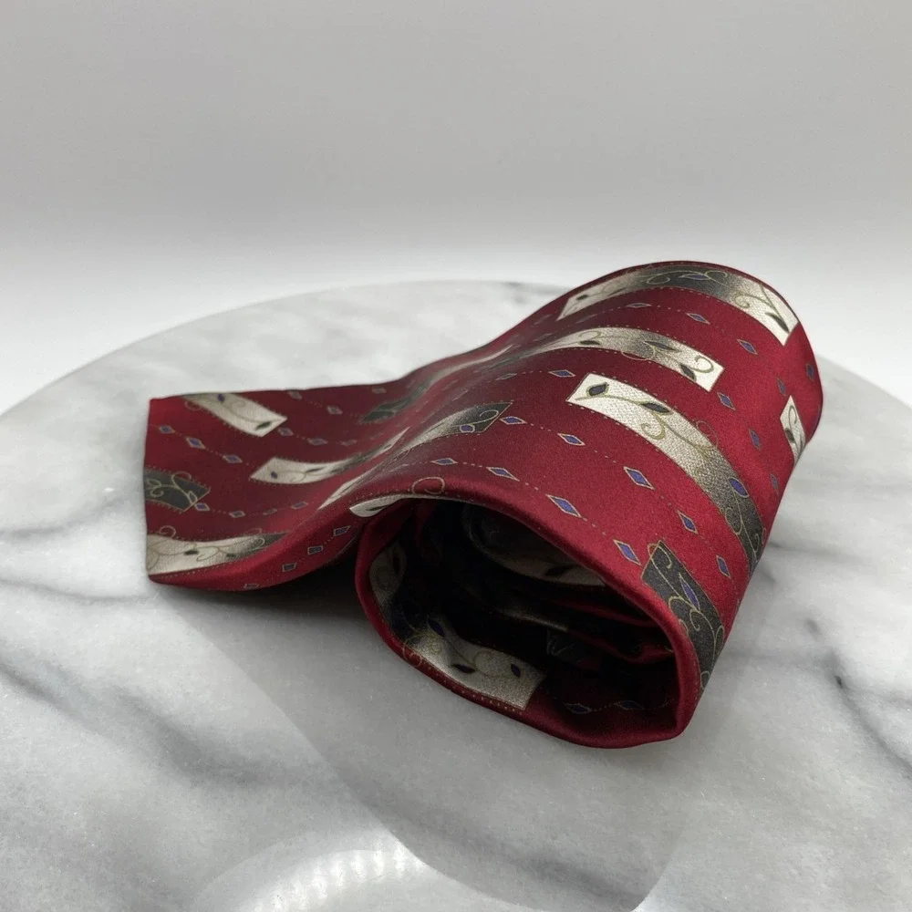 Pavone Italian Mens Necktie Red Gold Geometric Scroll Silk Classic Formal Tie